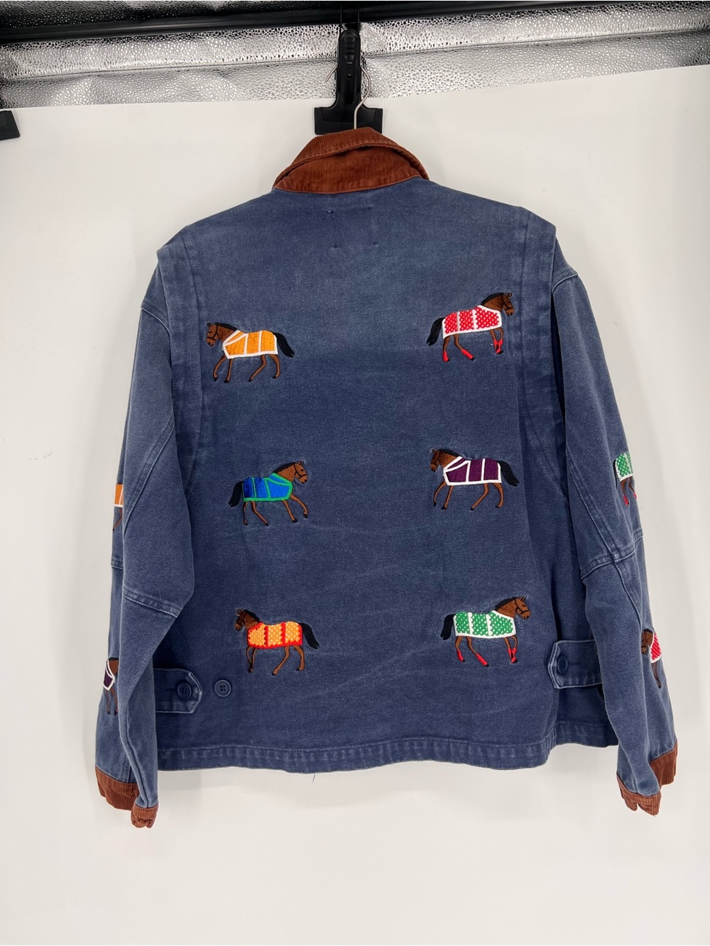 Found Lariat Blue Embroidered Horse Western Bohemian Utility Barn Jacket L - Picture 16 of 16